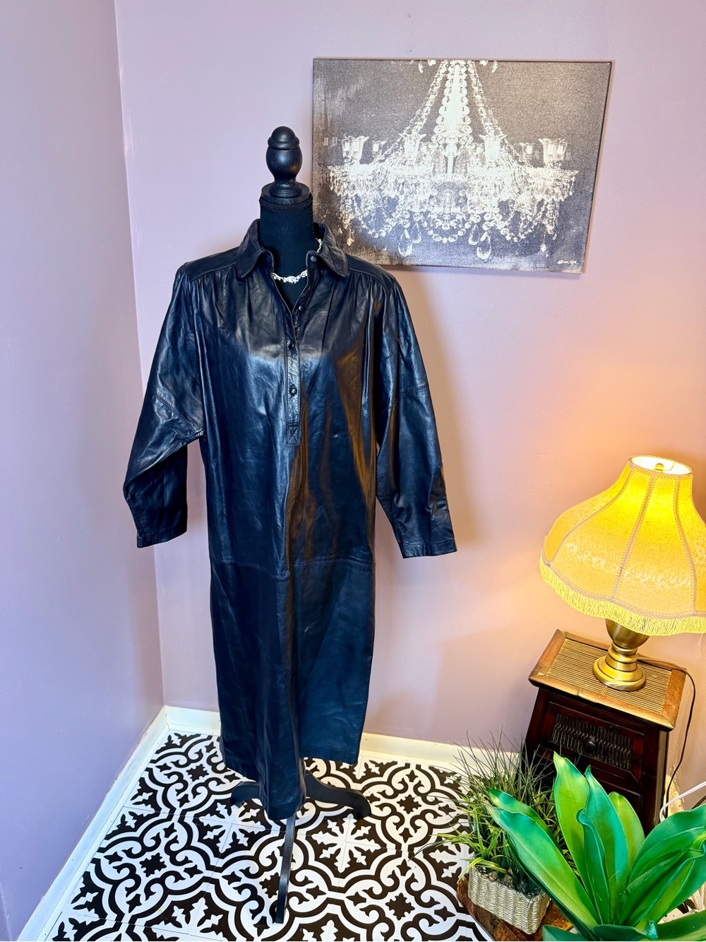 Vintage Oleg Cassini Black Long Leather Shirt Dress